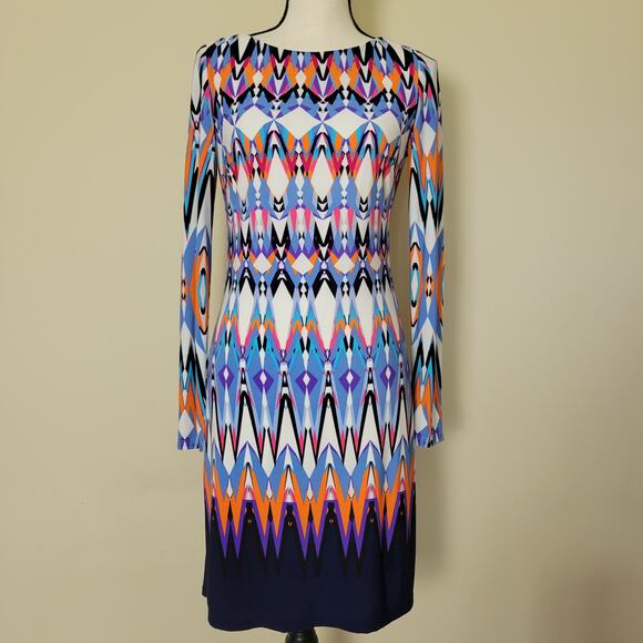 Vince Camuto Size 2 Lined Sheath Dress Long Sleeve Knee Length Vibrant Geometric - Picture 1 of 16